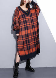 Cozy orange plaid Sweater weather Design v neck side open Art knit dresses - bagstylebliss
