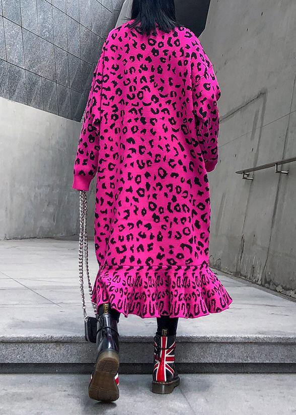 Cozy rose Leopard Sweater weather Vintage stand collar Hole Tejidos sweater dress - bagstylebliss