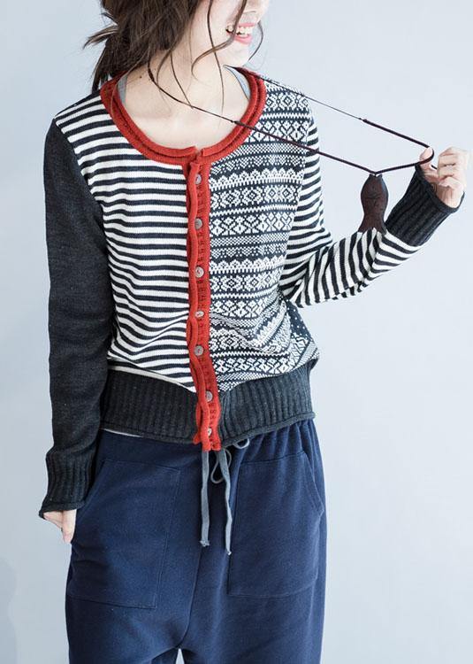 Cozy striped knit jacket plus size fall knit sweat tops o neck Button Down - bagstylebliss