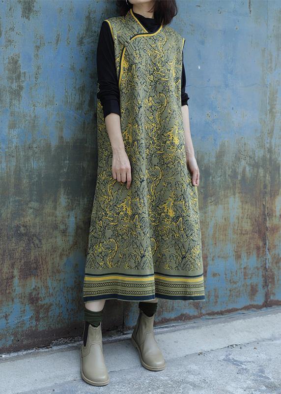 Cozy yellow green Sweater weather Beautiful Chinese Button Art sleeveless knitted tops - bagstylebliss