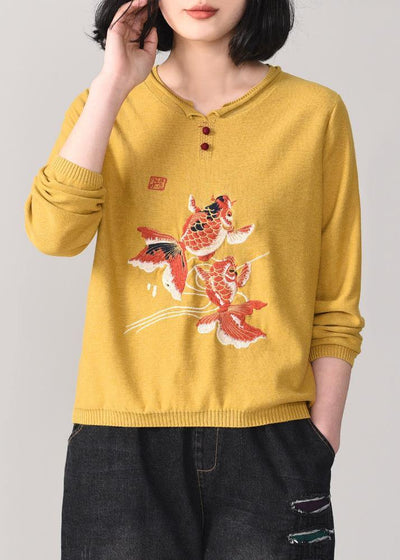 Cozy yellow knit t shirt Loose fitting animal embroidery knitted sweater long sleeve - bagstylebliss