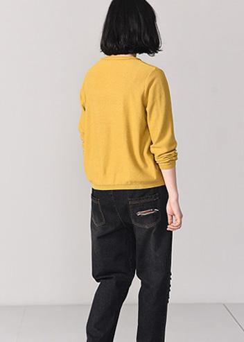 Cozy yellow knit t shirt Loose fitting animal embroidery knitted sweater long sleeve - bagstylebliss