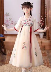 Cute Apricot Embroidered Patchwork Tulle Kids Long Dress Short Sleeve