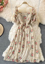 Cute Apricot Square Collar Print Tunic Chiffon Maxi Dresses Short Sleeve