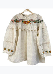 Cute Beige Embroideried Ruffled Patchwork Cotton Shirt Long Sleeve