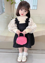 Cute Black Dot Patchwork False Two Pieces Cotton Girls Dresses Lantern Sleeve