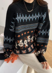 Cute Black Rabbit Pattern Knit Sweat Tops High Neck Sweater Tops - bagstylebliss