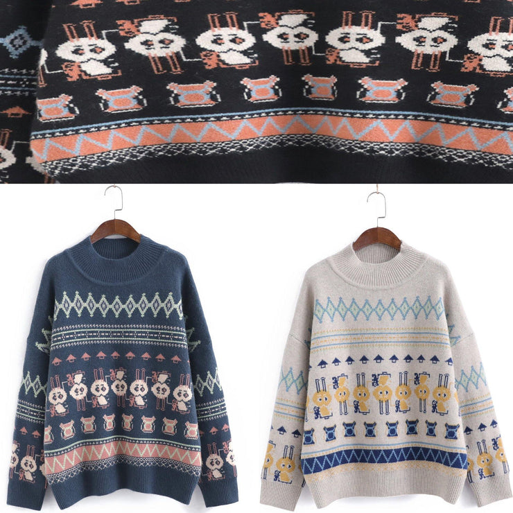 Cute Black Rabbit Pattern Knit Sweat Tops High Neck Sweater Tops - bagstylebliss