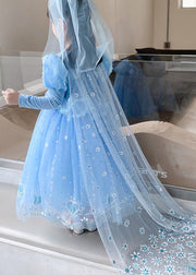 Cute Blue Ruffled Sequins Patchwork Tulle Kids Girls Princess Dresses Fall