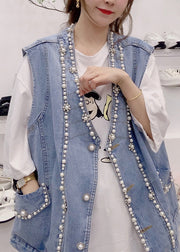 Cute Blue V Neck Patchwork Nail Bead Denim Waistcoat Fall