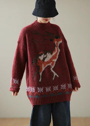 Cute Burgundy Deer Design Knit Top Silhouette High Neck Casual Knitwear - bagstylebliss