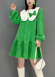 Cute Green Peter Pan Collar Bow Plaid Velour Dresses Spring