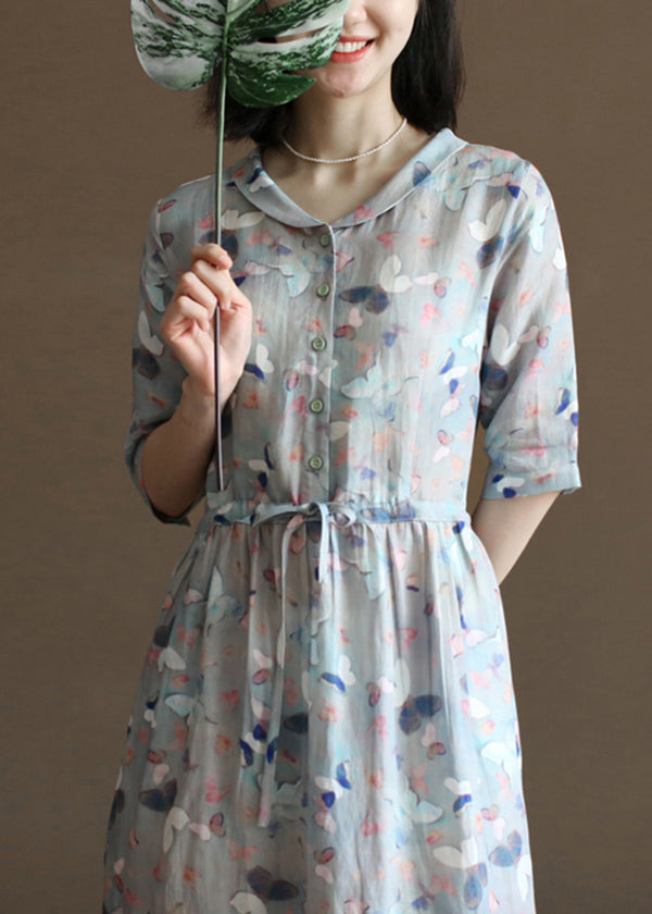 Cute Grey Blue Peter Pan Collar Tie Waist Floral Print Linen Vacation Dresses Half Sleeve