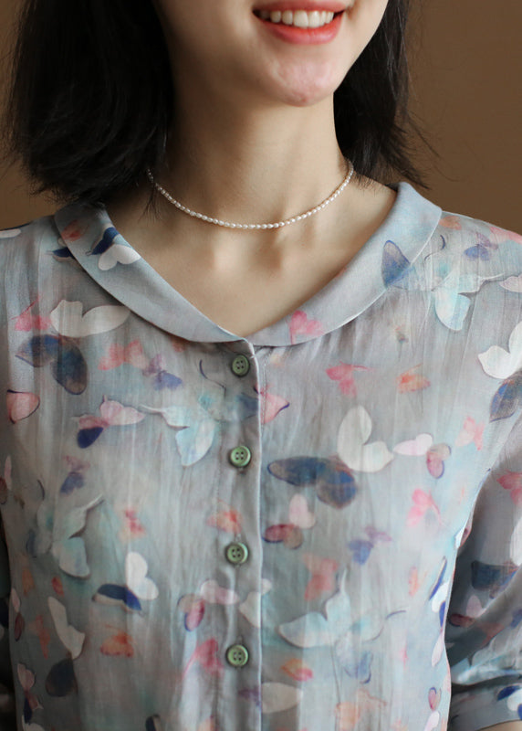 Cute Grey Blue Peter Pan Collar Tie Waist Floral Print Linen Vacation Dresses Half Sleeve