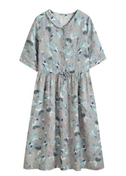 Cute Grey Blue Peter Pan Collar Tie Waist Floral Print Linen Vacation Dresses Half Sleeve