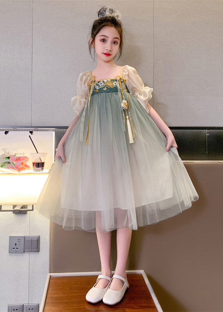 Cute Grey Green Square Collar Embroidered Patchwork Wrinkled Tassel Tulle Kids Girls Maxi Dresses Short Sleeve