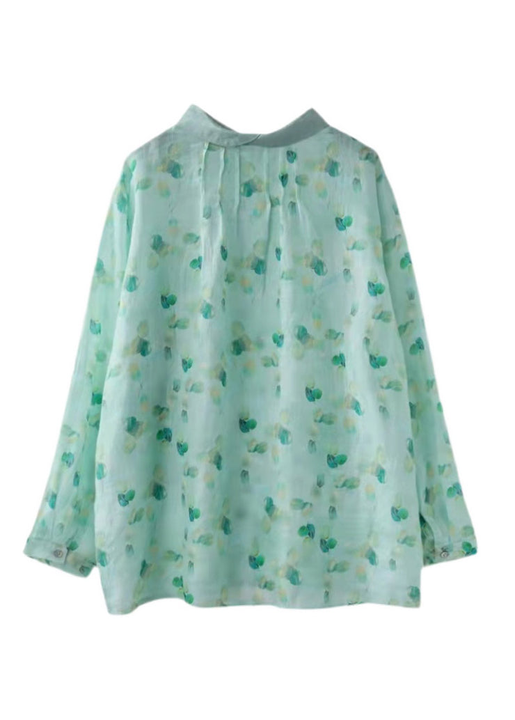 Cute Light Green Peter Pan Collar Print Shirt Tops Long sleeve