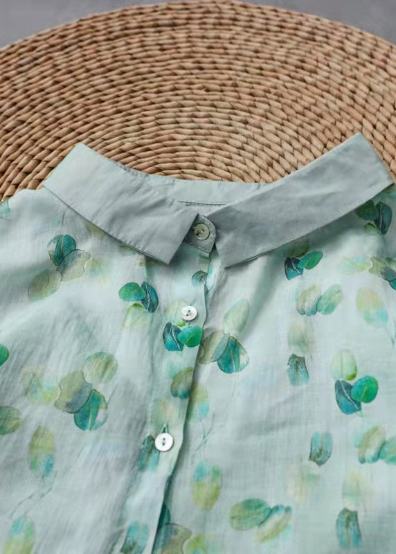 Cute Light Green Peter Pan Collar Print Shirt Tops Long sleeve