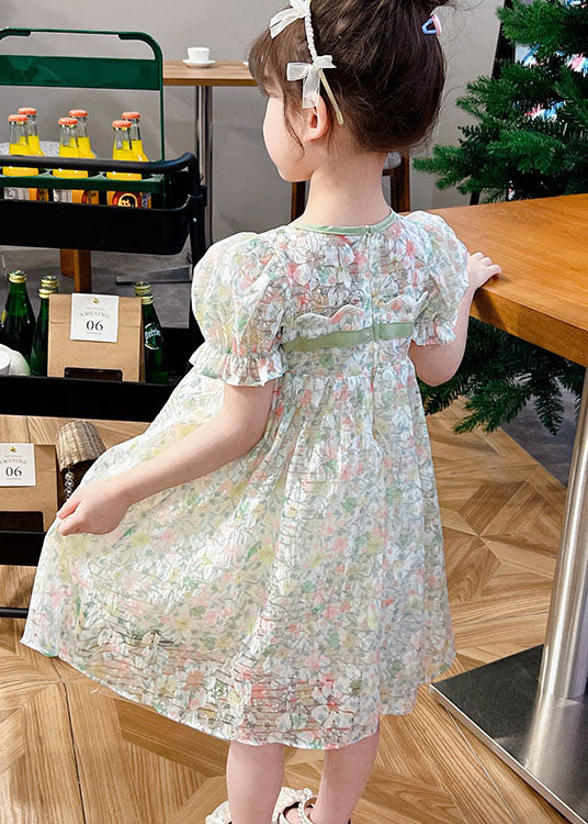 Cute Light Green Print Patchwork Tulle Kids Girls Dresses Summer