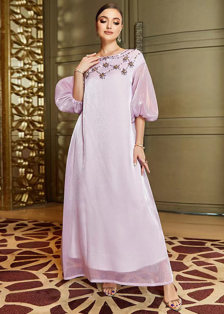 Cute Light Purple O-Neck Zircon Tulle Holiday Long Dress Lantern Sleeve