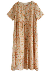 Cute O-Neck Cinched Button Print Long Dresses Short Sleeve