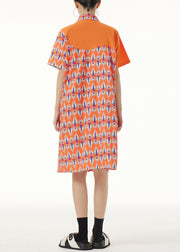 Cute Orange Peter Pan Collar Print Button Mid Dresses Short Sleeve