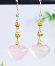 Cute Pink 14K Gold Crystal Ruyi Drop Earrings