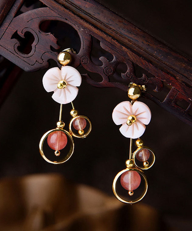 Cute Pink Crystal Shellfish Flower 14K Gold Drop Earrings