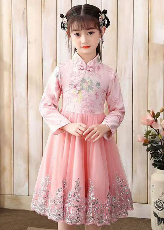 Cute Pink Embroidered Patchwork Tulle Girls Long Dress Fall