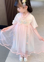 Cute Pink Embroidered Wrinkled Patchwork Tulle Baby Girls Dress Summer