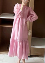 Cute Pink O-Neck Patchwork Wrinkled Long Dress Spring