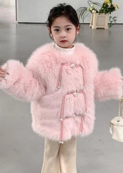 Cute Pink O-Neck Solid Mink Hair Girls Coat Long Sleeve