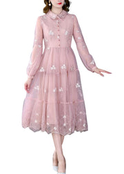 Cute Pink Peter Pan Collar Embroidered Floral Patchwork Button Tulle Maxi Dress Long Sleeve