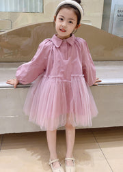 Cute Pink Peter Pan Collar Tulle Patchwork Cotton Kids Girls Dress Fall