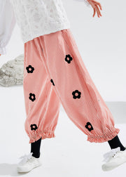 Cute Pink Pockets Ruffled Patchwork Print Harem Crop Pants Fall