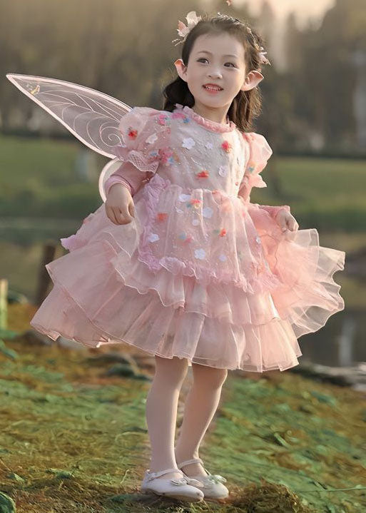 Cute Pink Ruffled Layered Patchwork Tulle Kids Girls Dress Summer