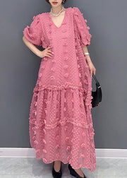 Cute Pink Ruffled Patchwork Tulle Long Dress Summer