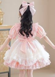 Cute Pink Square Collar Patchwork Bow Kids Mid Dresses Short Sleeve