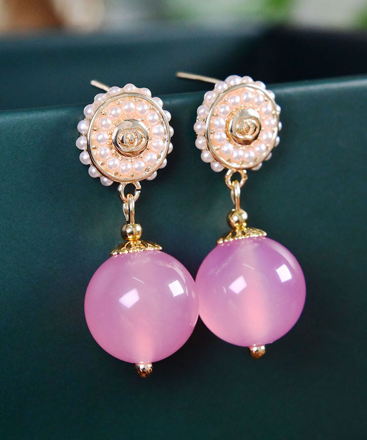 Cute Pink Sterling Silver Pearl Chalcedony Ball Drop Earrings