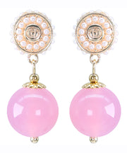 Cute Pink Sterling Silver Pearl Chalcedony Ball Drop Earrings