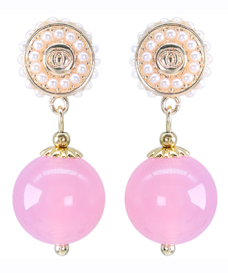 Cute Pink Sterling Silver Pearl Chalcedony Ball Drop Earrings