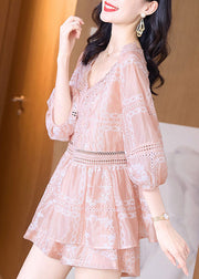 Cute Pink V Neck Lace Patchwork Chiffon Shirts And Shorts Two Piece Set Summer