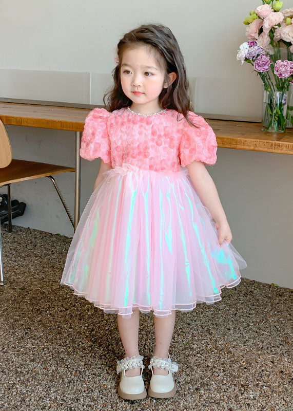 Cute Pink Wrinkled Nail Bead Patchwork Tulle Baby Girls Dress Short Sleeve