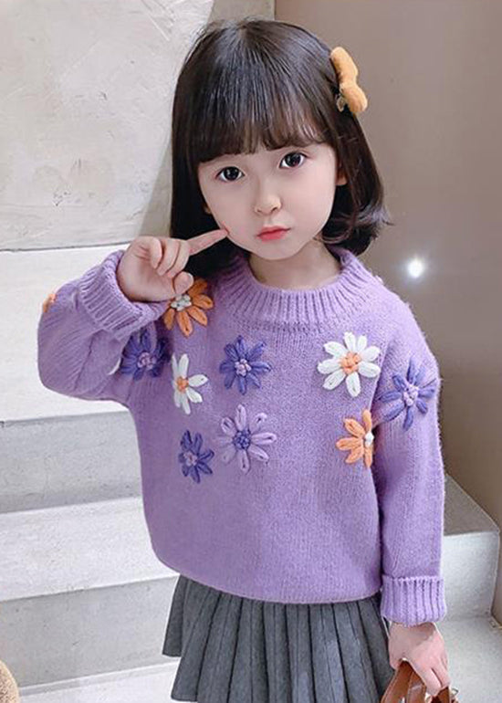 Cute Purple O Neck Floral Thick Knit Kids Girls Knit Pullover Winter