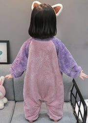 Cute Purple Print Pockets Fluffy Kids Pajamas Jumpsuit Long Sleeve