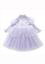 Cute Purple Ruffled Sequins Patchwork Warm Fleece Kids Girls Dress Winter