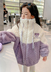 Cute Purple Zippered Patchwork Fluffy Girls Coat Winter