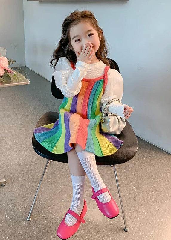 Cute Rainbow O Neck Patchwork Knit Girls Two Piece Set Puff Sleeve