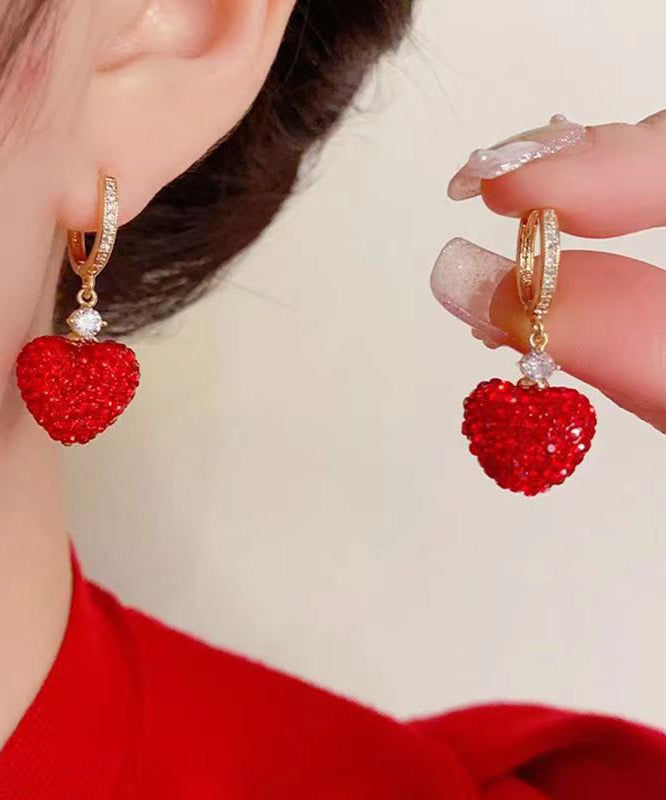 Cute Red Alloy Inlaid Gem Stone Zircon Love Drop Earrings