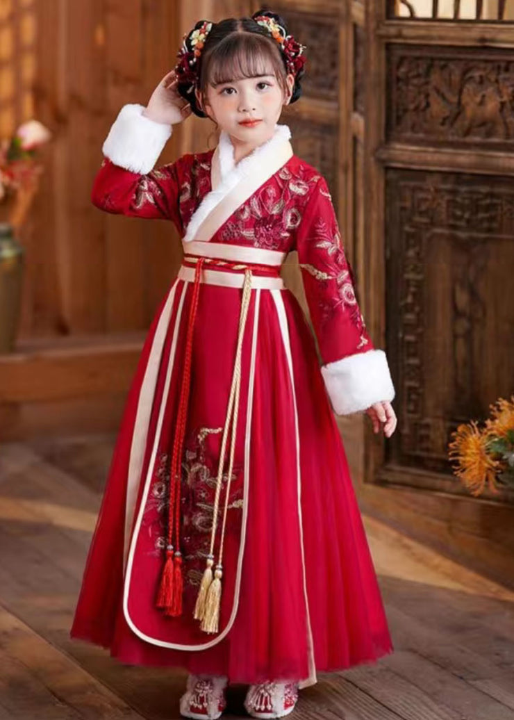 Cute Red Tie Waist Embroidered Patchwork Tulle Kids Maxi Dresses Long Sleeve